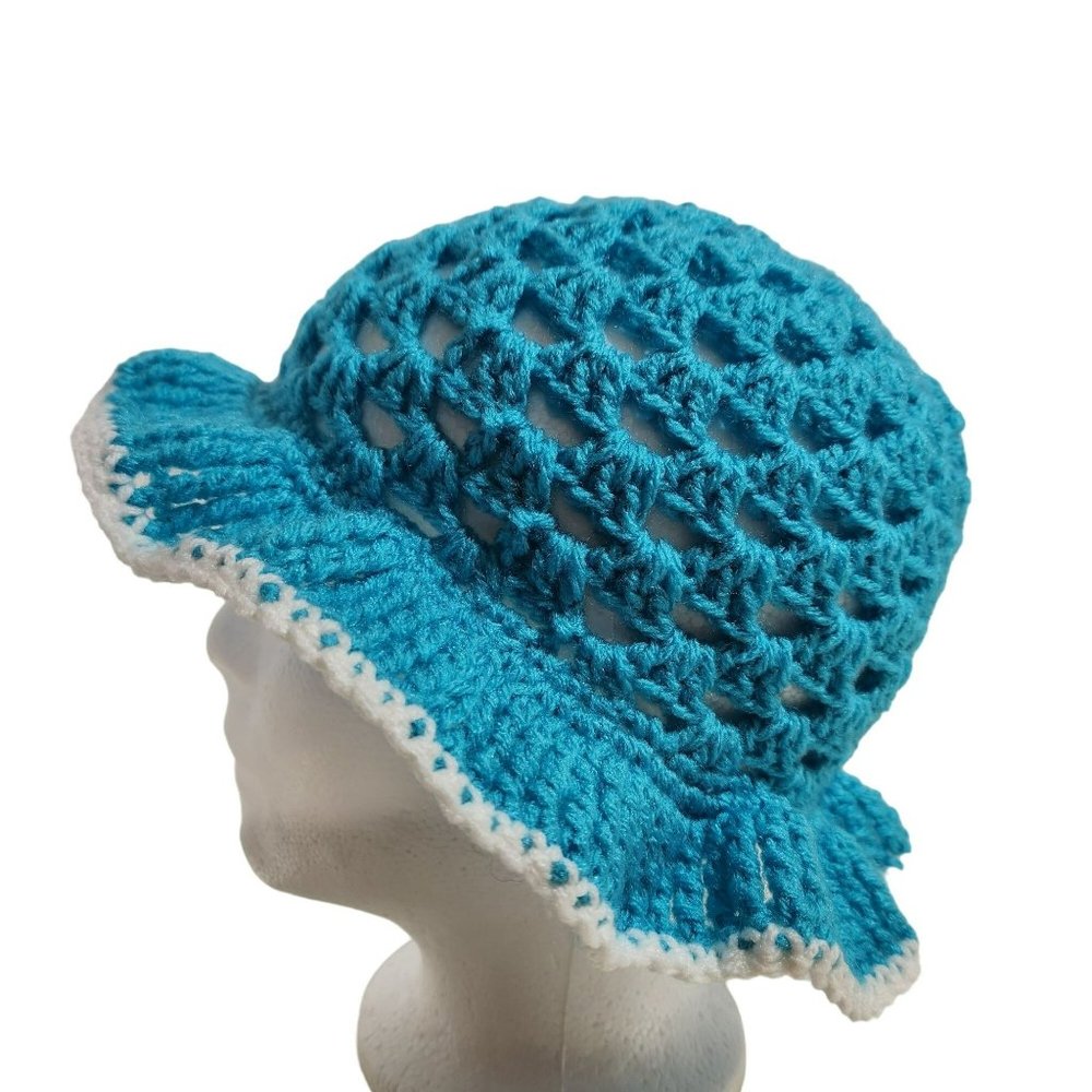 Bucket Hat granny handknit turquoise blue sun hat